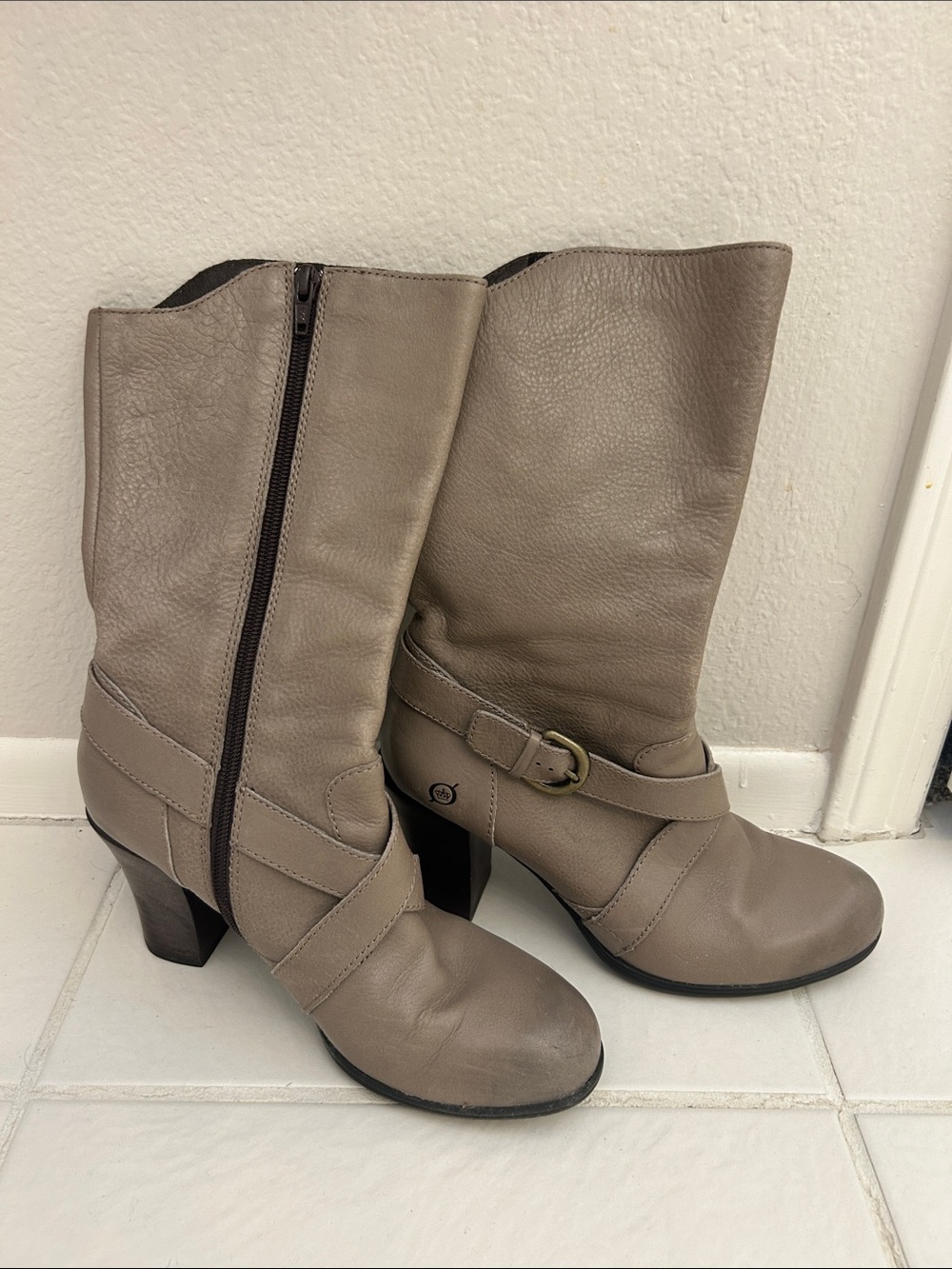 Born Taupe Leather Mid-Calf Heeled Boots